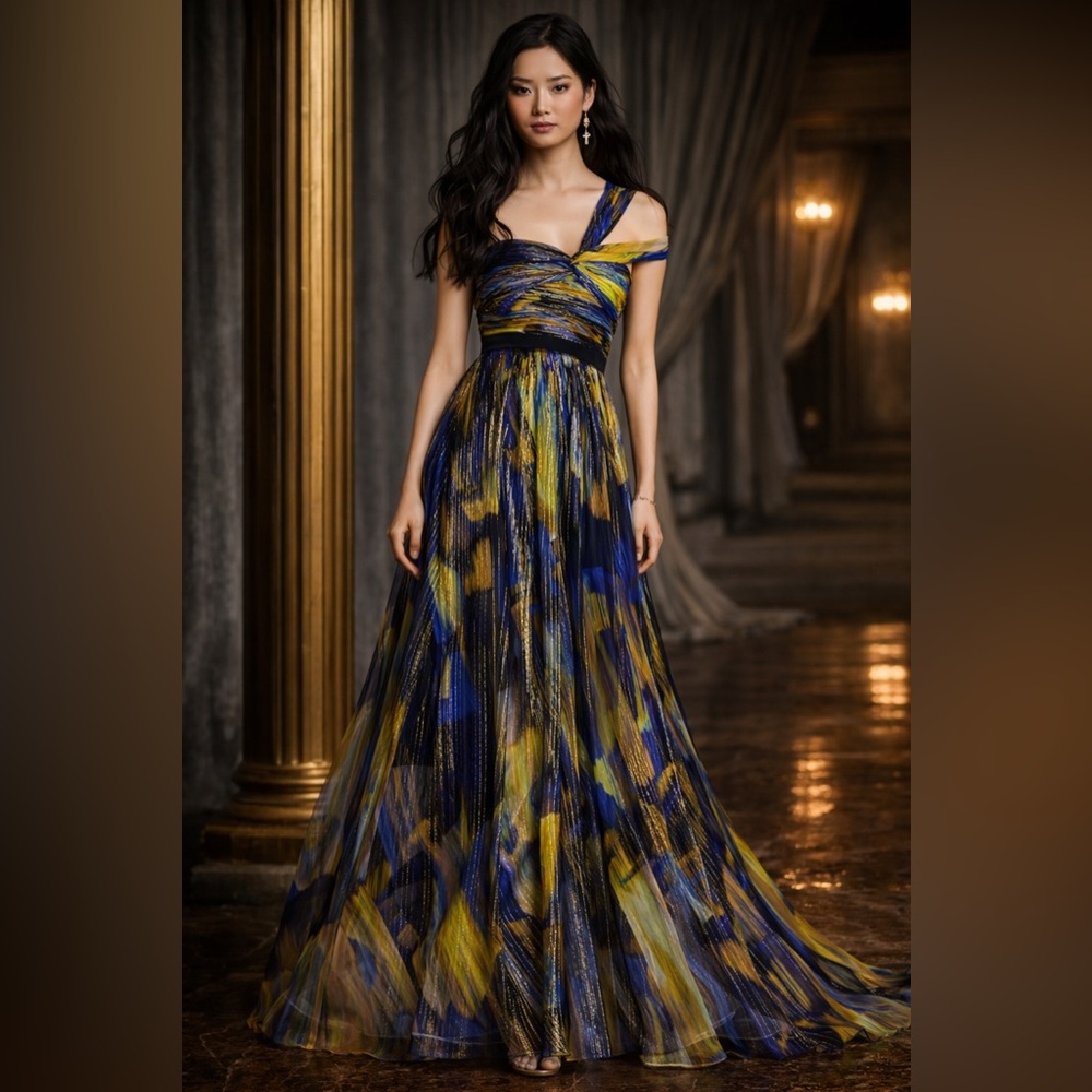 NWT BCBGMAXAZRIA Women’s Inga One-Shoulder Printed Evening Gown